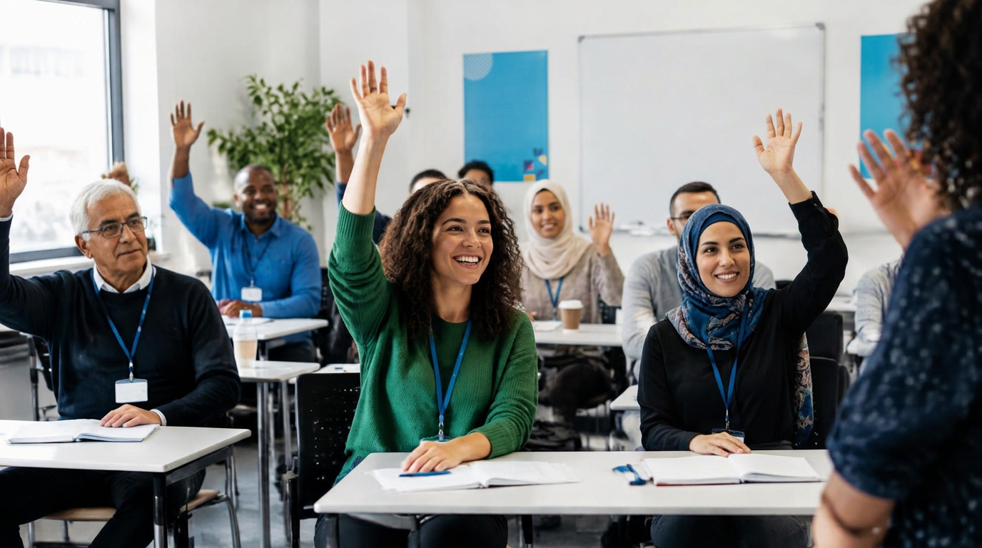 Adultes participant avec enthousiasme à un cours d'anglais